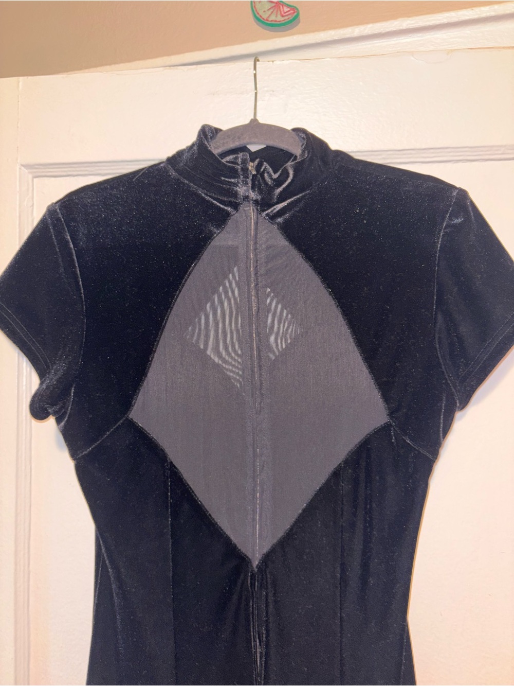 Vintage 90s Short Sleeve Sheer Bodycon Velvet Formal Midi Dress Slit Black 8 - Picture 5 of 7